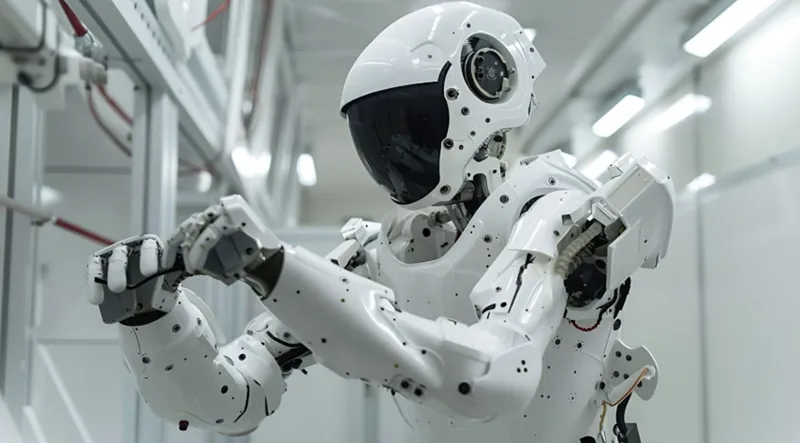 미래형 휴머노이드 로봇이 공장에서 부품을 조립하는 모습