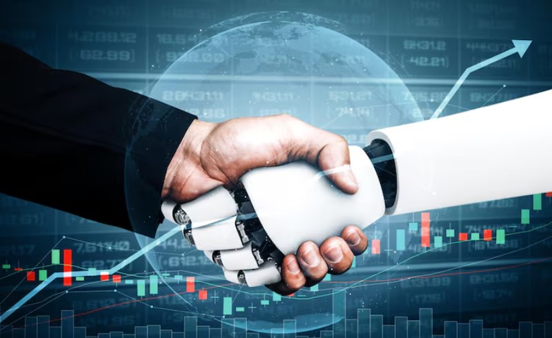 주식 차트와 로봇 손이 악수하는 모습의 그래픽