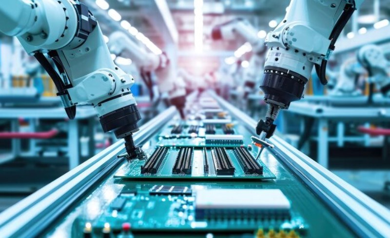 로봇 팔과 정밀 부품이 결합되는 스마트 팩토리 내부 전경