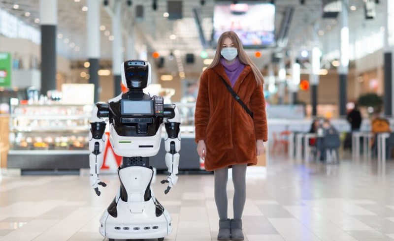 미래형 스마트 도시에서 인간과 로봇이 공존하는 가상 이미지