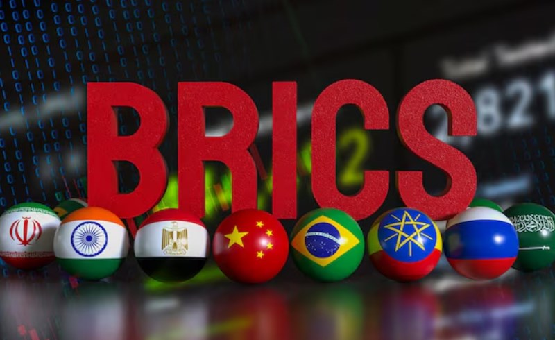 BRICS 국기와 글로벌 경제 배경