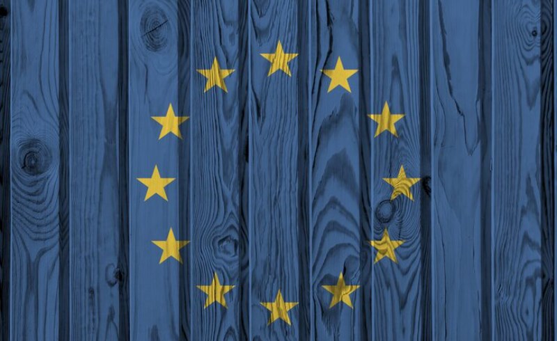 유럽 연합 깃발과 유로화 심볼이 나무 배경에 놓여 있는 모습