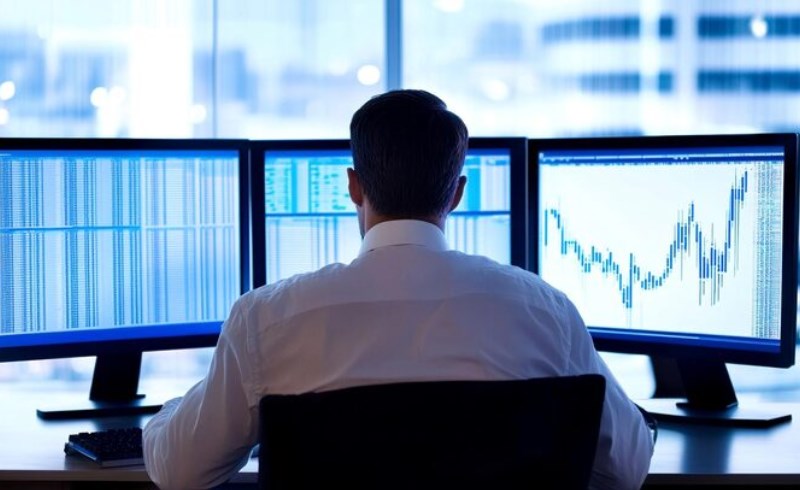 주식 차트와 경제 지표를 분석하고 있는 금융 전문가의 모습