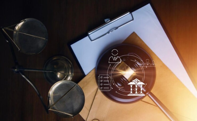 법적 준수와 금융 리스크 관리를 상징하는 서류와 저울 이미지