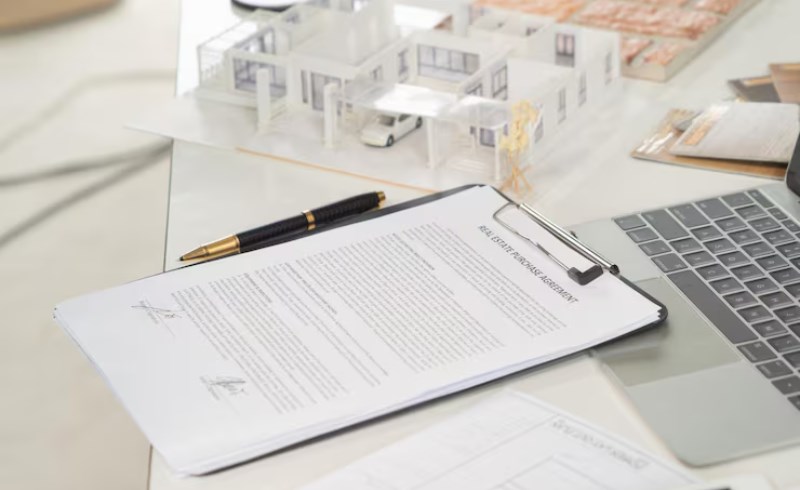 부동산 계약서와 돋보기가 책상 위에 놓여 있는 모습