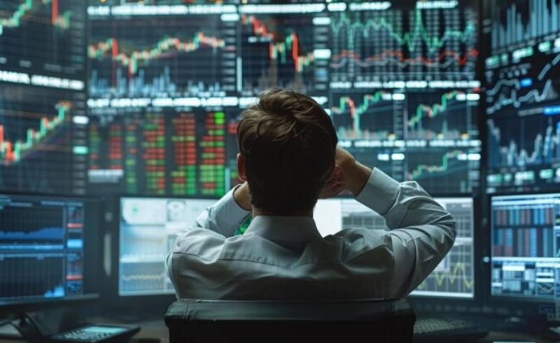 트레이더가 시장 상황을 고민하는 모습 - 복잡한 시장에서 신중하게 거래 결정을 내리는 투자자의 모습